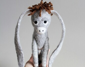 Nestor - The Long-Eared Christmas Donkey. Art Toy. Standing Felted Stuffed. grey gray. MADE TO ORDER