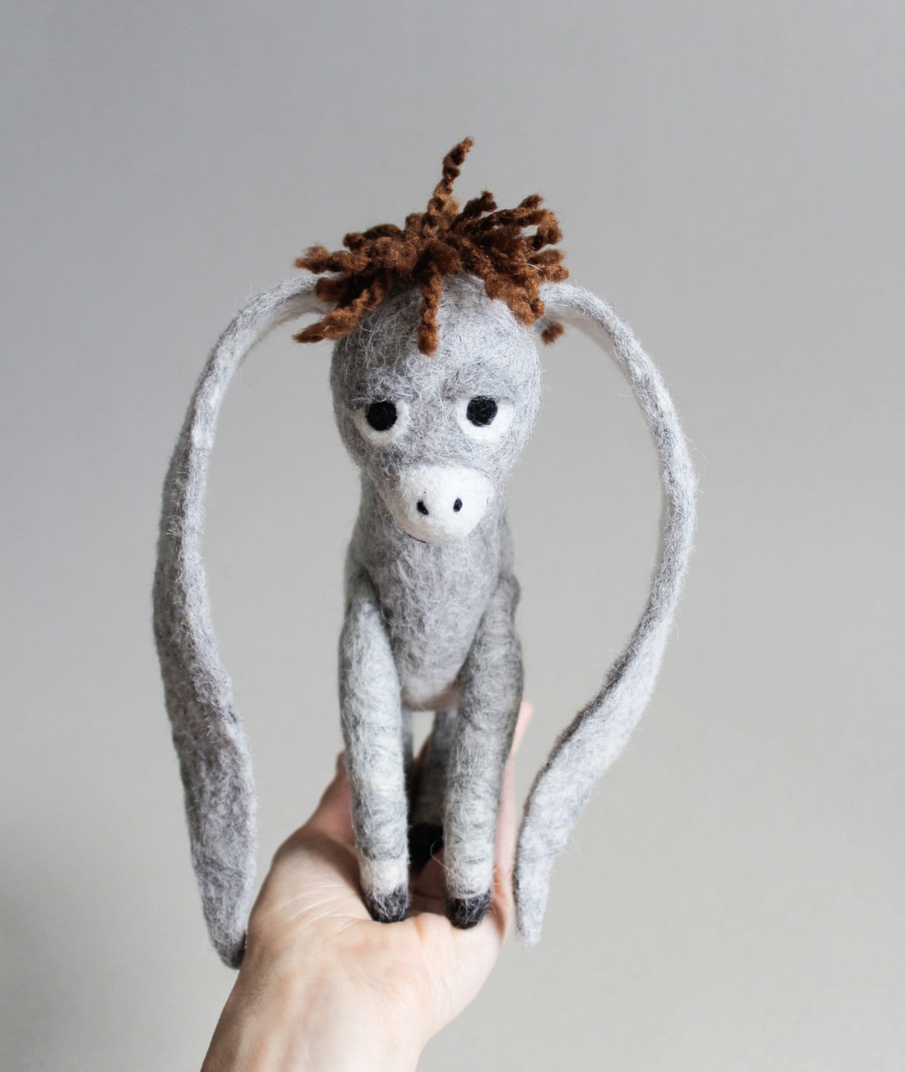 Nestor the Long eared Christmas Donkey. Art Toy. Standing Felted