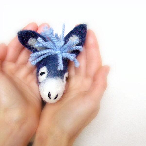 Blue  Manuel - Small Felt Donkey. Art Marionette. Puppet. Felted Stuffed Animals Toy. electric aquamarine sky.  MADE TO ORDER