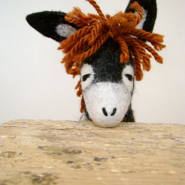 Black Giovanni -  Felt Donkey small. Art Toy Felted Marionette Animals Toys,  brown red orange rustic wood.  RESERVED for Veronica.