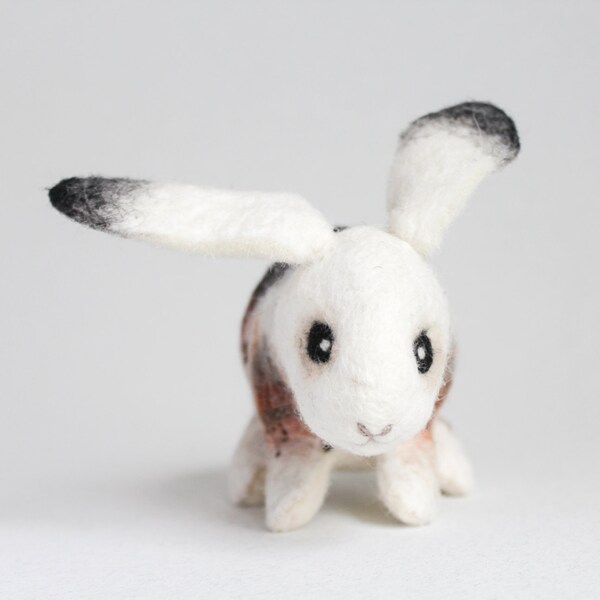 Michael - Little Felt Bunny. Art Toy. Handmade bunny, Easter bunny, Felted toy. white grey  soft neutral blue.  MADE TO ORDER.