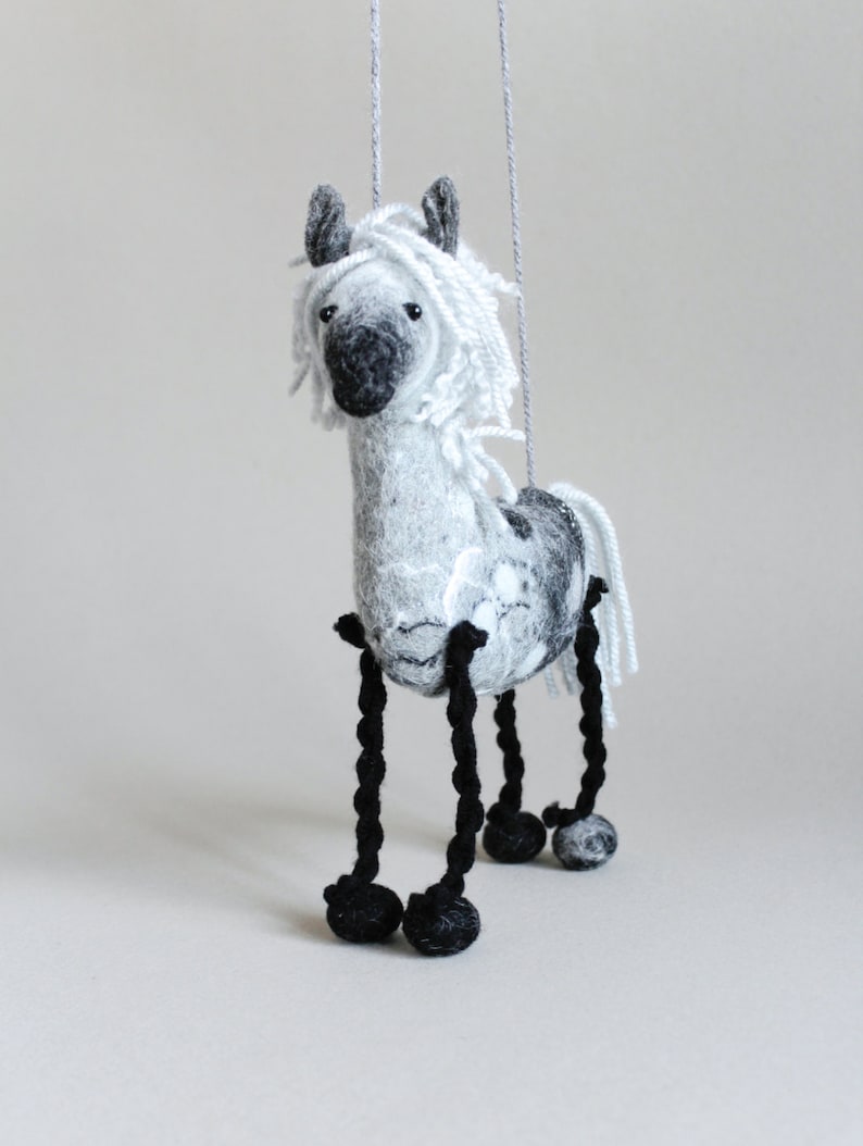 Felt Horse Bethany. Felted animal Marionette Art Toy. Dapple Grey Horse plush Stuffed Horse Toy farm animal for kids Puppet silver. image 2