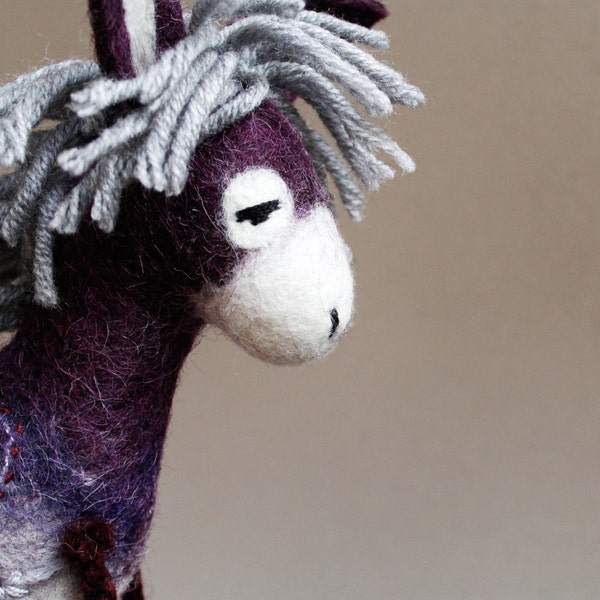 Margot - Felt Donkey. Art Toy. Felted toy, Christmas gift,  Felt Animals. Handmade felt donkey. violet purple red. MADE TO ORDER
