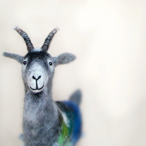 Waldemar -  Felt Goat. Art Doll Puppet, Marionette, Felted, StuffedToy. grey, gray, black, blue, green. MADE TO ORDER.