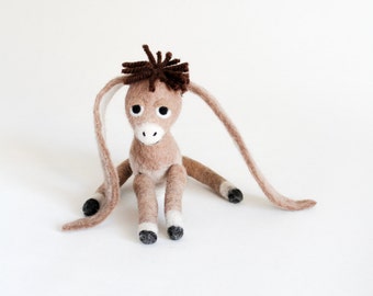 Christmas Ornament - Nestor - The small Long-Eared Christmas Donkey. Art Toy.  Felted baby donkey gift for kids.
