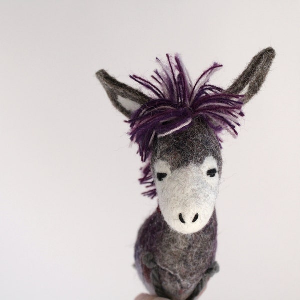 Leonid - Felt Donkey. Art Animal Marionette, Handmade Puppet,  Felted Animals Stuffed Toy. grey gray purple. MADE TO ORDER.