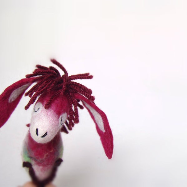 Constance - Felt Donkey with long floppy ears, Art Marionette Puppet Felted Toy,   red maroon purple berry.  RESERVED for Judy.