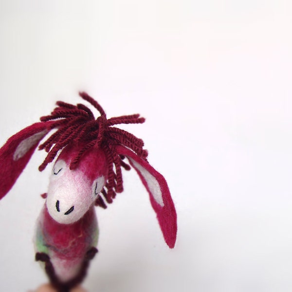 Constance - Felt Donkey with long floppy ears, Art  Marionette. Puppet. Felted Toy. claret red maroon purple.  RESERVED for Cate