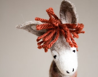 Peppino - Felt Donkey. Art Toy.  Marionette, Puppet, Felt Toys, Felted Animals.  brown orange  beige red  neutral. MADE TO ORDER.