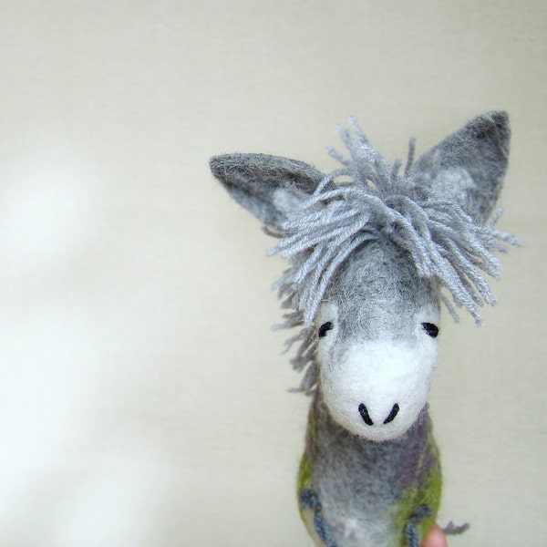 Felt Donkey - Grey Birger. Art Toy. Felted Stuffed Waldorf style Marionette Puppet Handmade Farm Animals Toys. grey green gray.