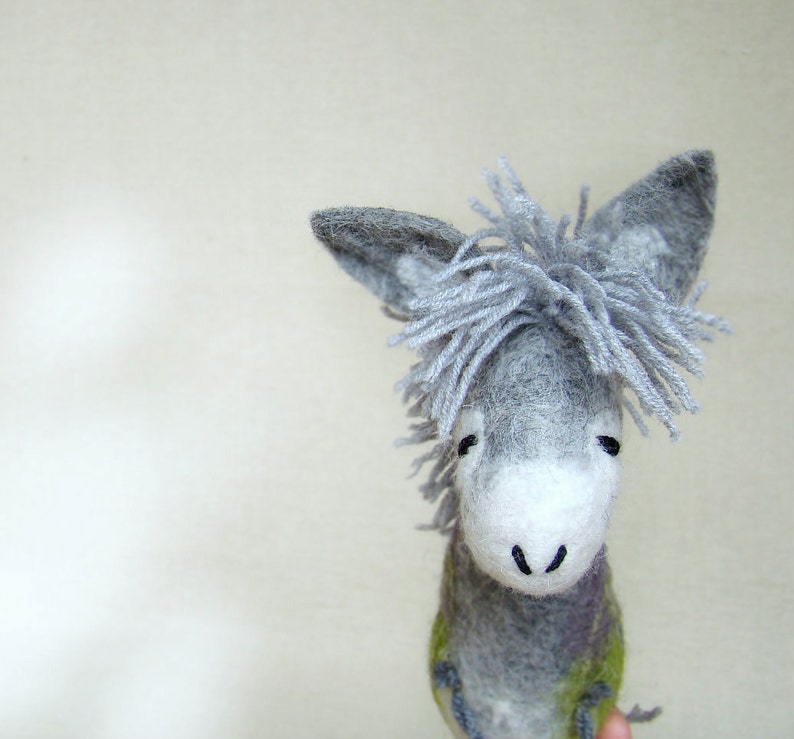 Felt Donkey Grey Birger. Art Toy. Felted Stuffed Waldorf style Marionette Puppet Handmade Farm Animals Toys. grey green gray. image 1