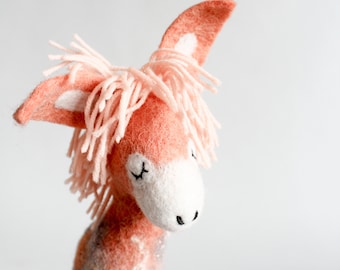 Felt Donkey Coralie - Art Toy. Felted Toy. gift for kids  Felt Toy  Marionette Puppet. Felt Animals. stuffed toys.  coral cream neutral.