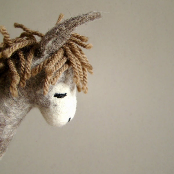 William - Felt Donkey. Art Toy. Felted Stuffed Marionette Puppet Handmade Toys.  brown tan beige  neutral. MADE TO ORDER.