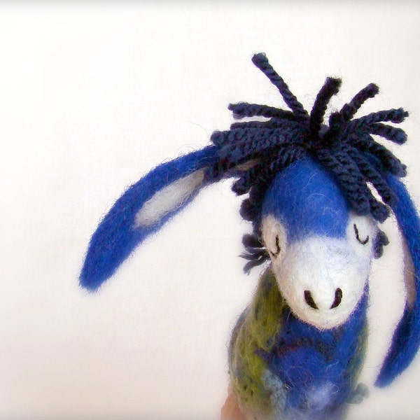 Blue  Peter - Small Felt Donkey. Art Toy. Felted Stuffed Marionette Puppet Handmade Toys. electric green aquamarine. MADE TO ORDER