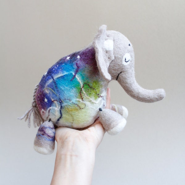 Felt Elephant - Kasi, Art Toy, Felted Animal Stuffed Toy, Felt Toy for kids plush. beige, violet, blue, green. SPECIAL ORDER for Ioana .