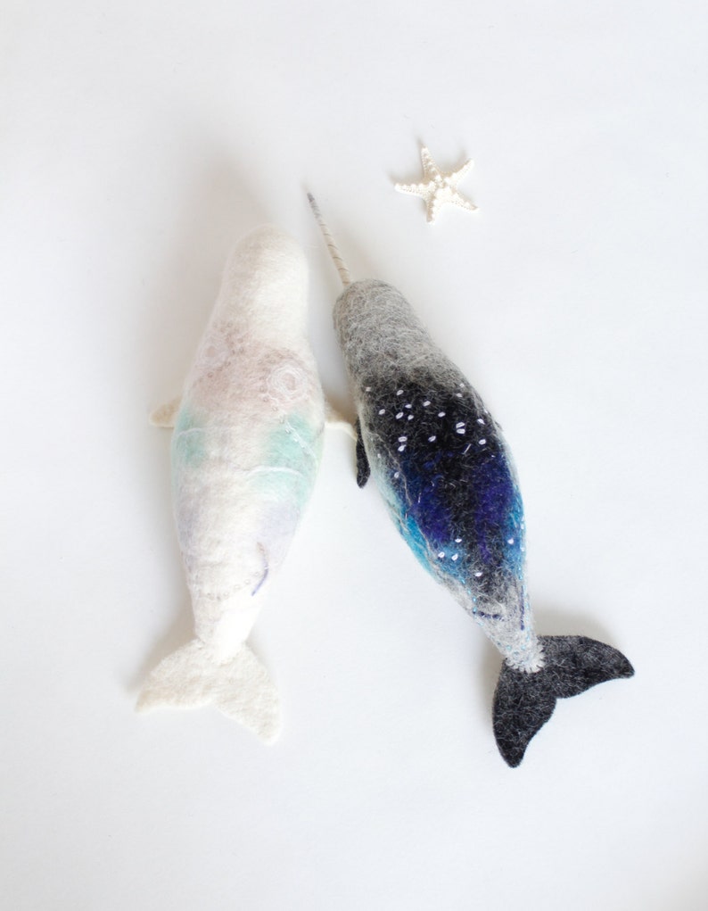 Felt Narwhal Anders Felted Art Toy Gift for kids Narwhal Sea Unicorn Toy, Whale toy, Stuffed whale plush, aquamarine. Soft toy. image 4