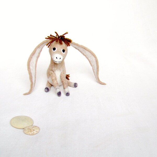 Nestor - The Long-Eared Christmas Donkey. Art Toy. Standing Felted Stuffed, mteam. beige brown tan cream. Special order for Rob .