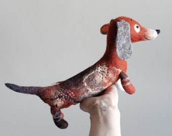 Felt Dachshund - Branko, Felt dog Art Puppet Stuffed Animals Felted toy Dog plush toy Soft toy red dachshund Marionette sausage dog. brown