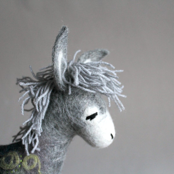 Grey Birger - Felt Donkey. Art Toy. Felted Stuffed Marionette Puppet Handmade Animals Toys, love grey green gray. MADE TO ORDER.