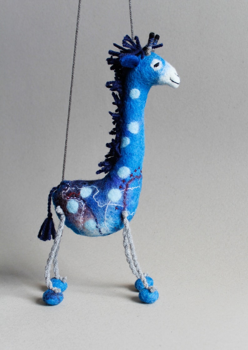 Felt Giraffe Abimbola . Art Puppet, Safari animal Marionette Stuffed Animals Felted Plush Toy for kids room decoration blue ultramarine. image 3