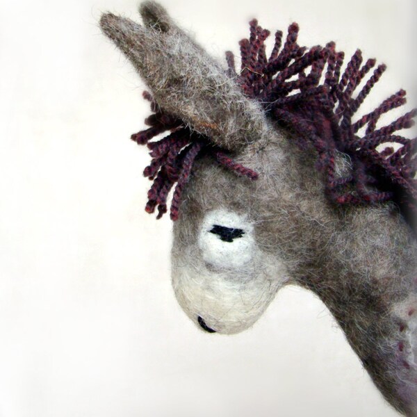 Vania - Felt Donkey. Art Animal Marionette, Handmade Puppet, Felted Animals, Stuffed Toy. grey gray purple MADE TO ORDER