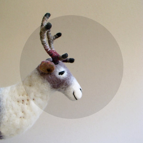 Reinhold - Felt Reindeer. Art Puppet, Marionette, Stuffed Animal, Felted Toys, mteam. grey, gray, purple, burgundy. MADE TO ORDER