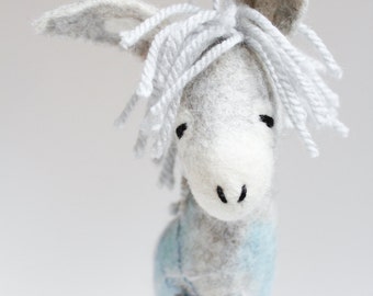 Felt Donkey - Gerard. Art Toy Felted toy Marionette Felted animal for kids Nursery decor Baby shower gift plush Animals. grey blue silver.