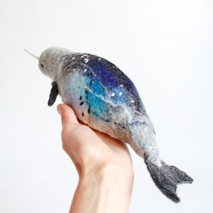 Felt Narwhal Anders Felted Art Toy Gift for kids Narwhal Sea Unicorn Toy, Whale toy, Stuffed whale plush, aquamarine. Soft toy. image 2