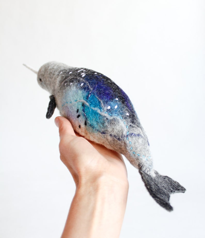 Felt Narwhal Anders Felted Art Toy Gift for kids Narwhal Sea Unicorn Toy, Whale toy, Stuffed whale plush, aquamarine. Soft toy. image 2