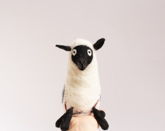 Paola - Felt Sheep. Art Puppet, Christmas gift, Marionette, Stuffed Animal, Felted Toy. white black pastel neutral pink. MADE TO ORDER.