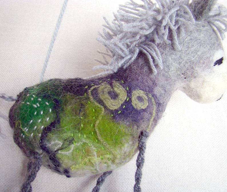 Felt Donkey Grey Birger. Art Toy. Felted Stuffed Waldorf style Marionette Puppet Handmade Farm Animals Toys. grey green gray. image 5