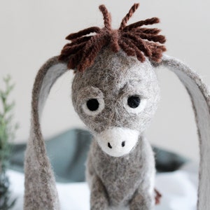 Nestor - The Long-Eared Christmas Donkey. Art Toy. Standing Felted donkey Stuffed Organic toy felt animal . natural undyed wool.