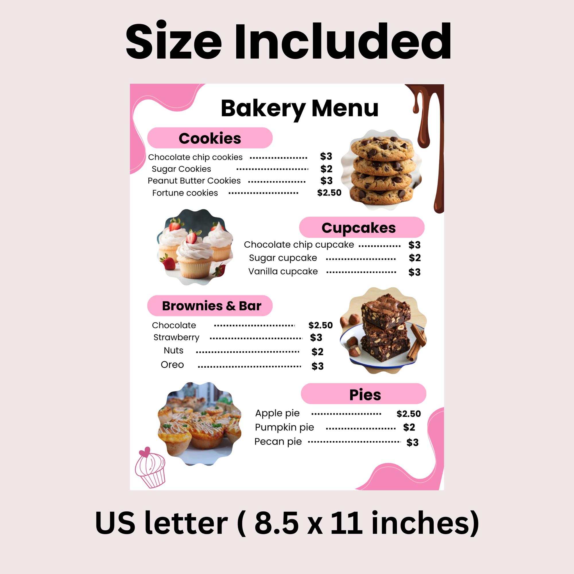 Editable Bakery Menu Template, Pastry Shop Board (8.5x11) (digital ...