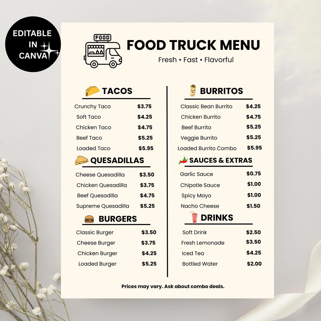Letrero de menú editable para food truck / Plantilla imprimible de ...