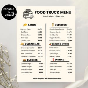 May include: A food truck menu with a white background and black text. The menu includes tacos, quesadillas, burgers, burritos, sauces, extras, and drinks. The menu is labeled "Food Truck Menu" and includes the text "Fresh • Fast • Flavorful."
