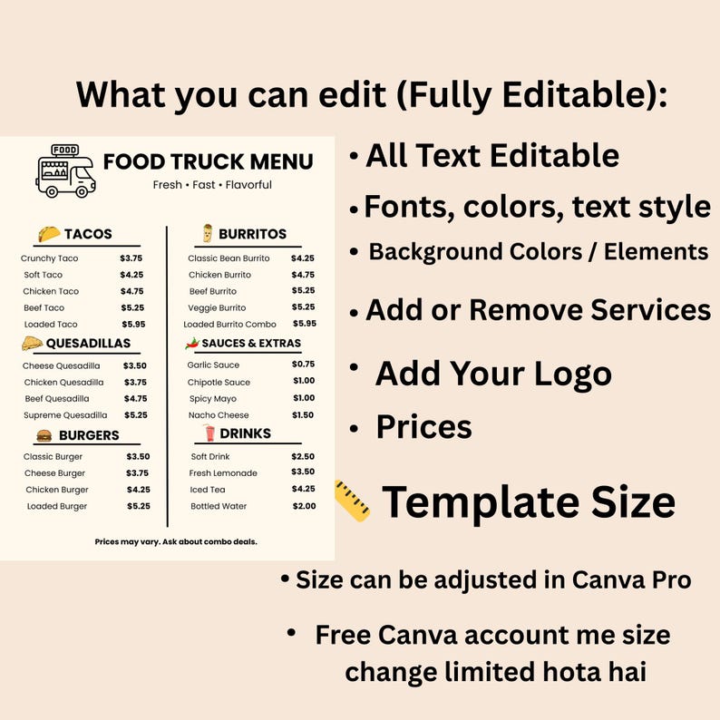 Letrero de menú editable para food truck / Plantilla imprimible de ...