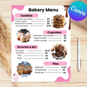 May include: A pink and white bakery menu with a variety of baked goods. The menu includes cookies, cupcakes, brownies, and pies. The menu is designed with a modern aesthetic and includes the word "Canva".