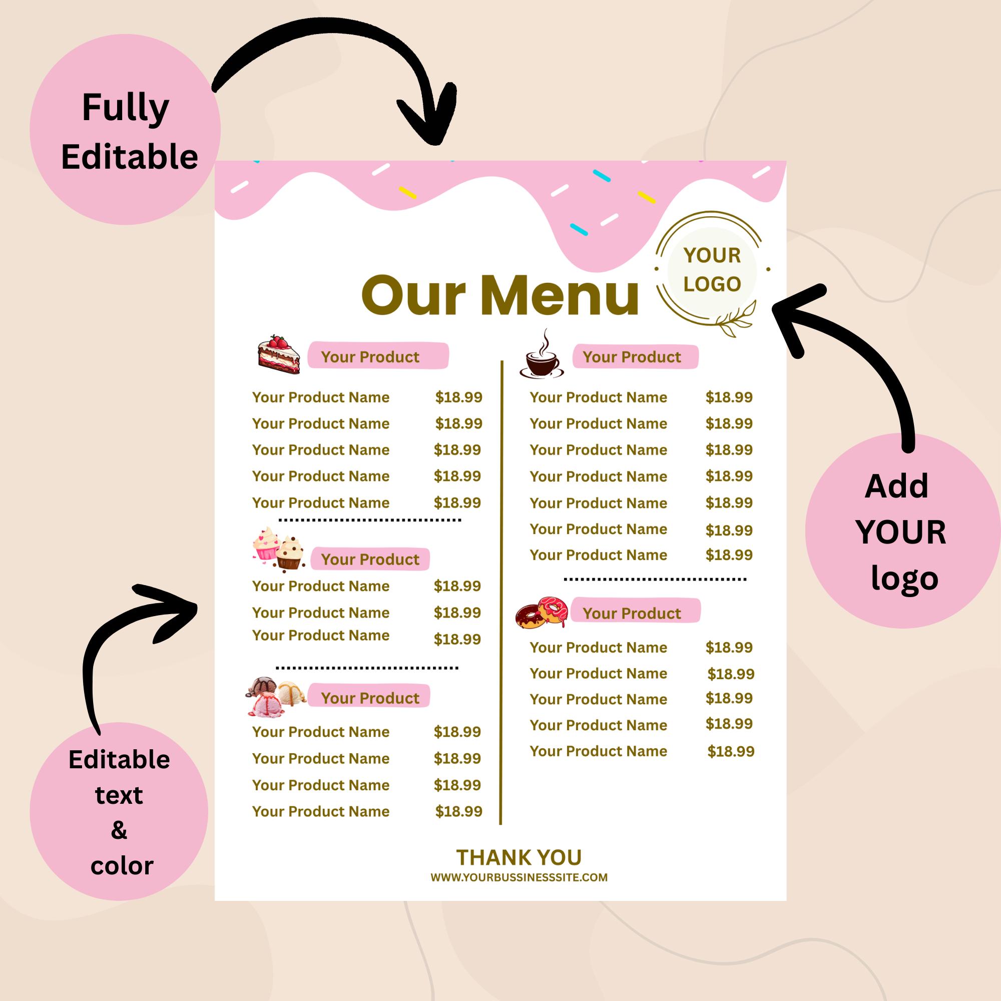 Editable Bakery Menu Editable Bakery Menu Template | Modern Price List (8.5x11 Inch PDF) - Etsy