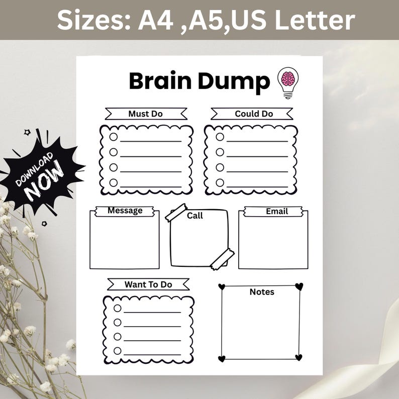 ADHD Brain Dump Planner Printable | Overthinking Reset Worksheet ...
