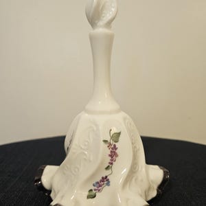 Fenton Art Glass Bell | White Milk Glass with Purple Ruffle & Hand-Painted Flowers | Collectible Bell