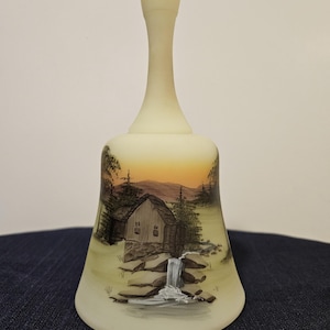 Rare Fenton Uranium Custard Glass Bell Cabin by Waterfall