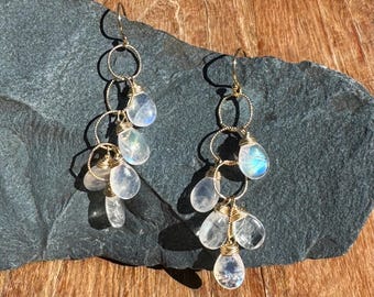 Rainbow Moonstone Earrings – Teardrop Dangle Cascade waterfalll gold or Sterling Silver, Long Gemstone Drop Earrings, Moonstone Jewelry