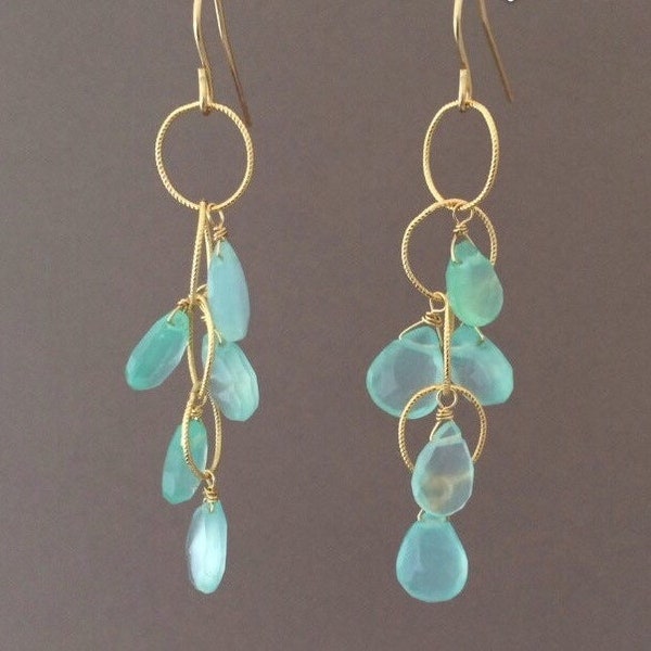 Seablue chalcedony gemstone dangle waterfall earrings (gold vermeil or sterling silver)