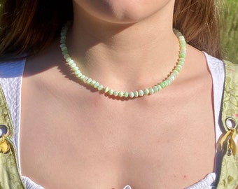 Green Opal gemstone beaded candy hand knotted silk spring green necklace in gold filled