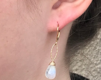 Rainbow moonstone gold vermeil dangle drop simple delicate gemstone earrings