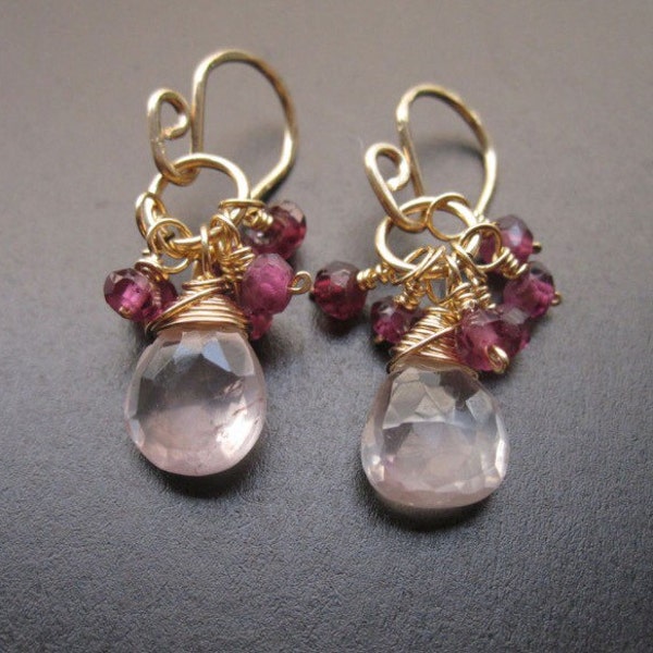 Rose quartz and garnet delicate shades of pink gemstone dangle earrings