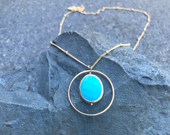 Turquoise and Gold vermeil geometric gemstone Circle Necklace