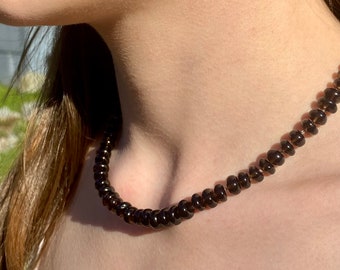 Smokey quartz gemstone beaded candy hand knotted silk smooth brown necklace in gold filled