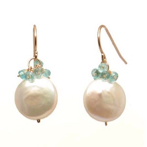 Round flat coin pearls and bright blue apatite earrings- choose your own gemstone