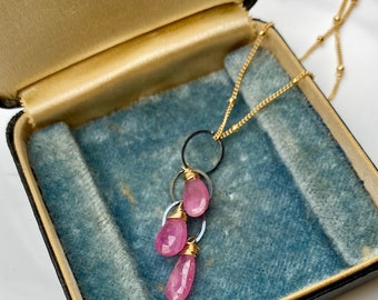 Pink sapphire oxidized sterling and gold vermeil delicate bright pink gemstone necklace